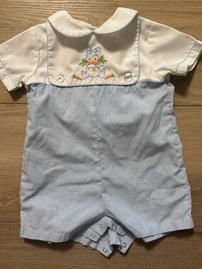 Petit Ami Blue and White Bunny Embroidered Shortall